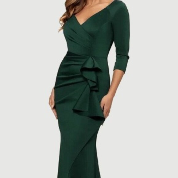 Xscape Hunter Green Ruched Scuba Ruffle Gown - Picture 1 of 4